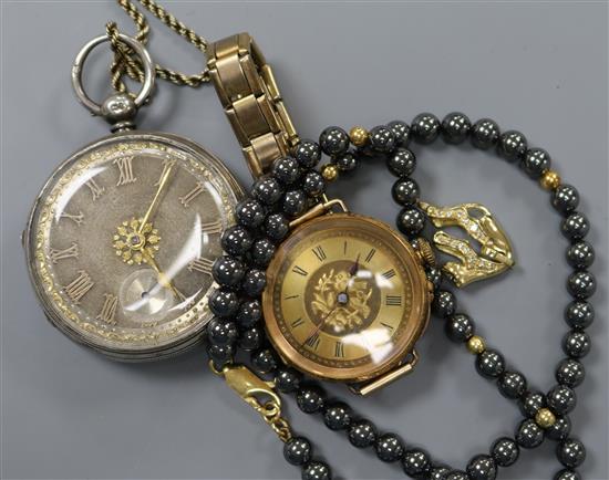 A 14k diamond set Jaguar pendant, an 18k converted fob watch a Victorian silver open faced key wind pocket watch